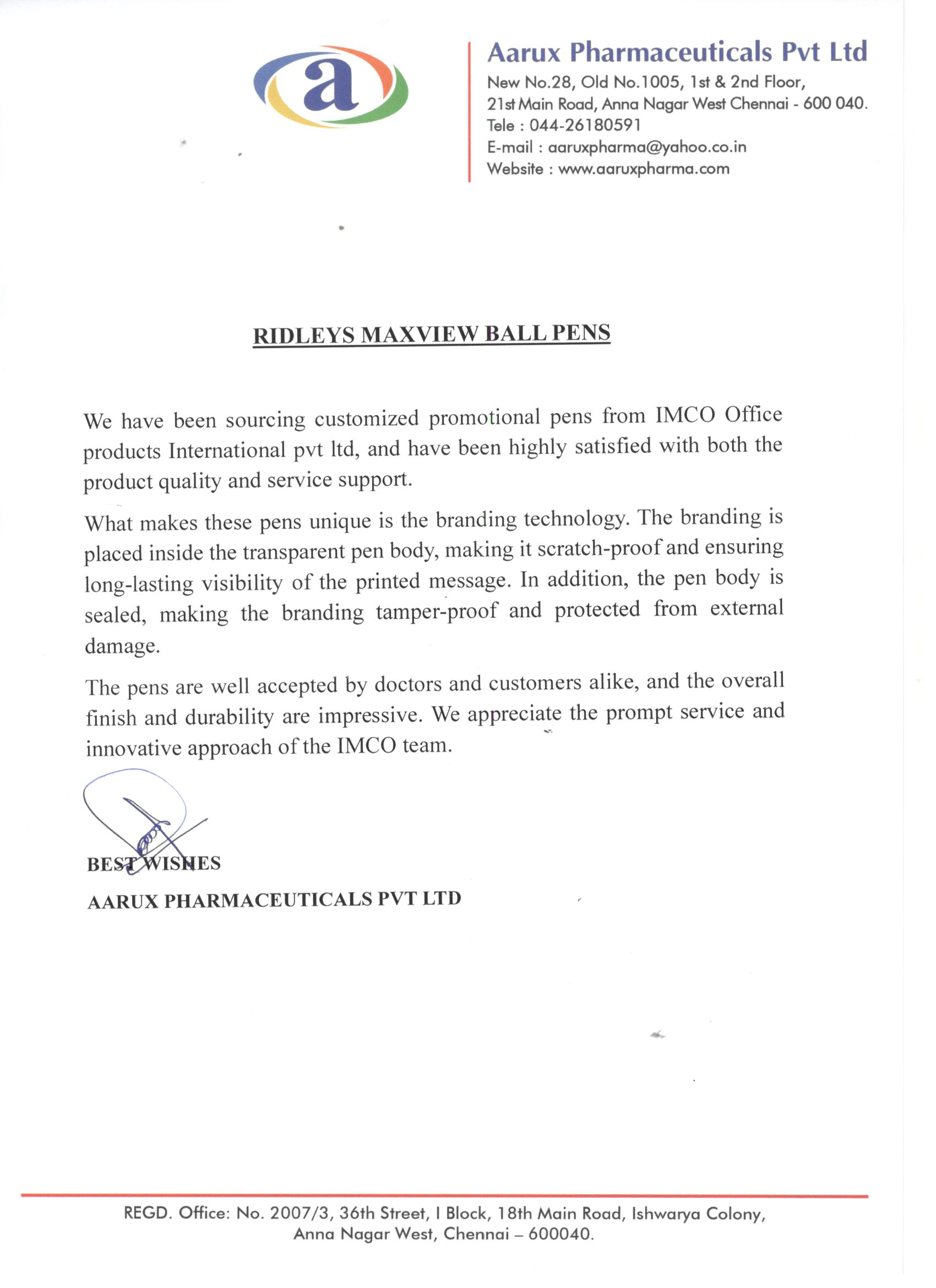 Aarux Pharmaceuticals Testimonial Letter